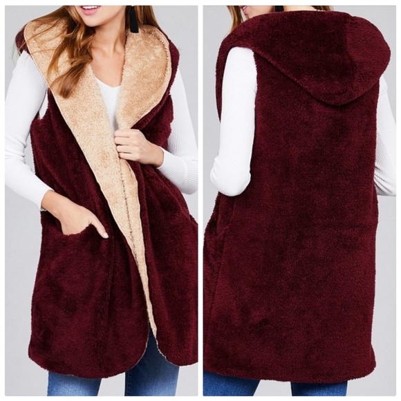 Burgundy Khaki  Faux Fur Fluffy Hoodie Vest - Picture 2 of 2
